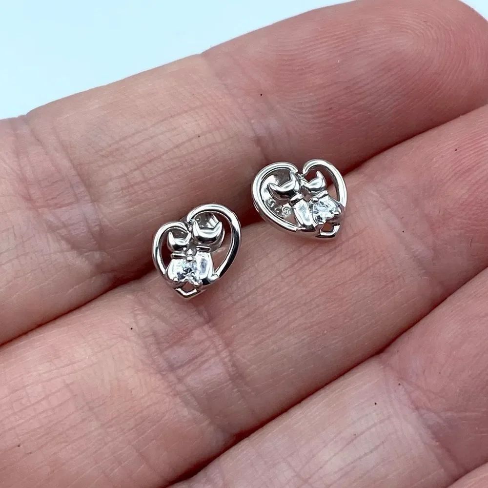 Sterling Silver Cat Earrings With CZ Heart
